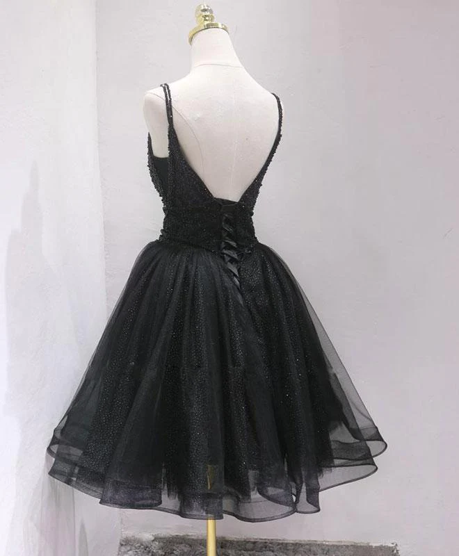 Schwarzer Tüll und perlenbesetzte knielange Träger Heimkehrkleid, schwarze kurze Ballkleider gh75