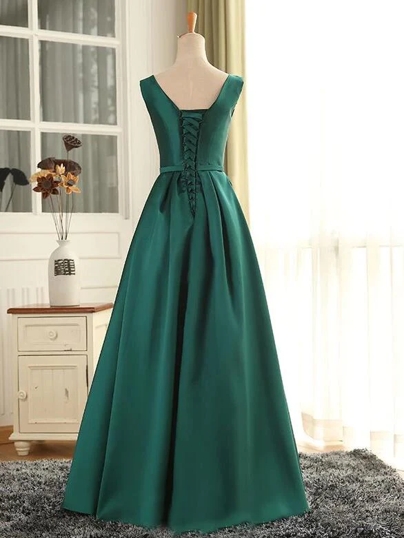 Belle robe de soirée simple et longue en satin vert, robe de bal verte gh408