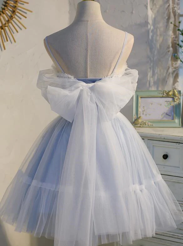 Entzückendes hellblaues Tüll-Träger-Partykleid mit Spitze, kurze Tüll-Abschlussballkleider gh53