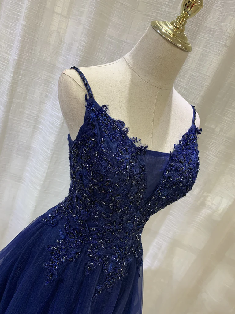 Marineblaues kurzes Heimkehrkleid aus Tüll mit V-Ausschnitt, kurzes Partykleid mit Spitzenapplikationen gh154