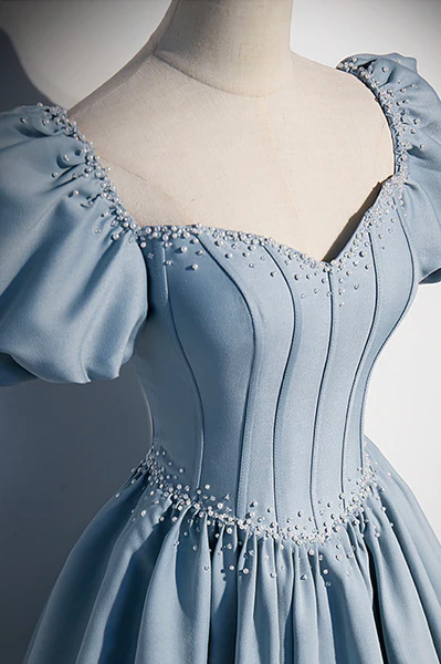 Belle robe de soirée en satin à manches courtes et perles, longue robe de bal trapèze, robes de soirée gh3