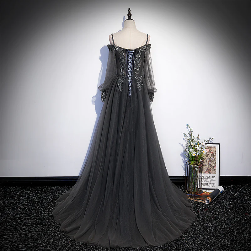 Dark Grey Long Sleeves Lace Applique A-Line Prom Dress, Grey Long Formal Dresses gh48