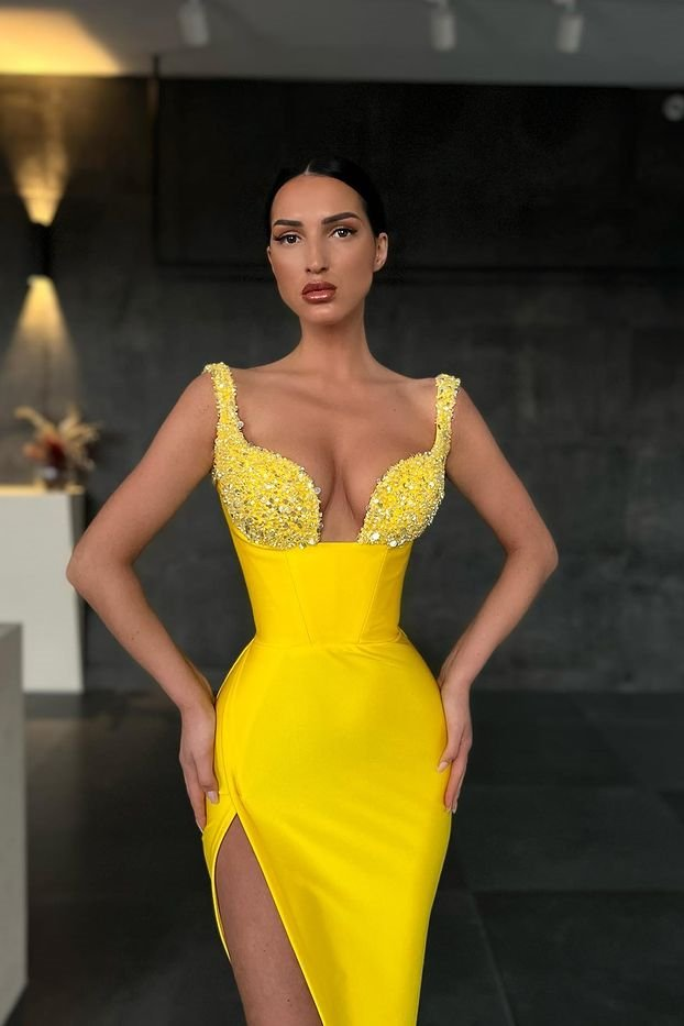 Robe de bal sirène à bretelles et paillettes jaunes avec fente gh638