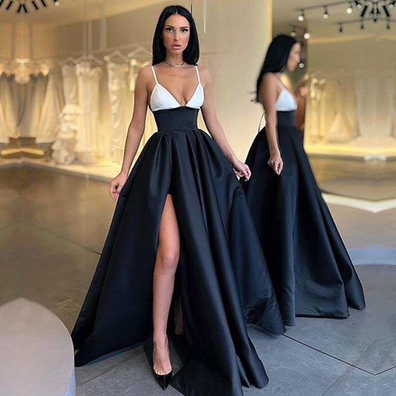 Robe de bal noire et blanche à bretelles spaghetti gh646