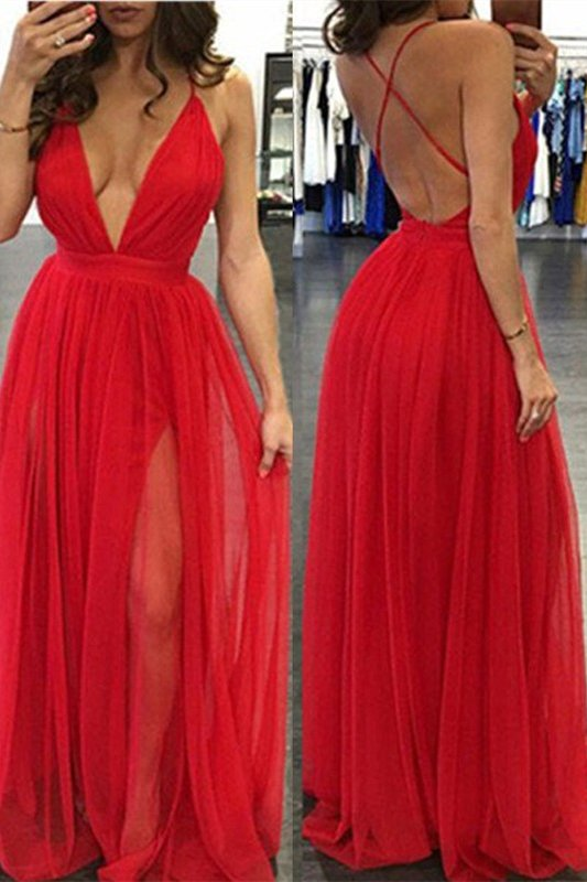 Robe de bal longue rouge à décolleté en V profond avec fente gh688