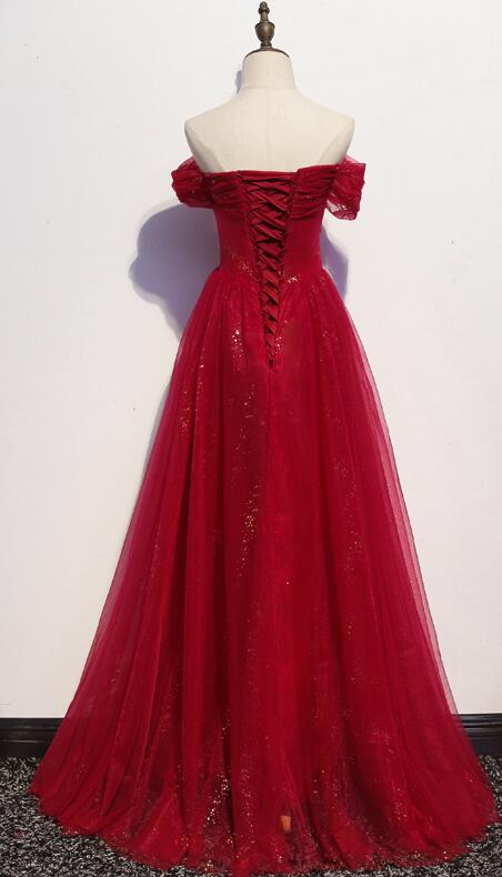 Belle robe de bal rouge foncé à épaules dénudées, robe de soirée rouge vin gh402