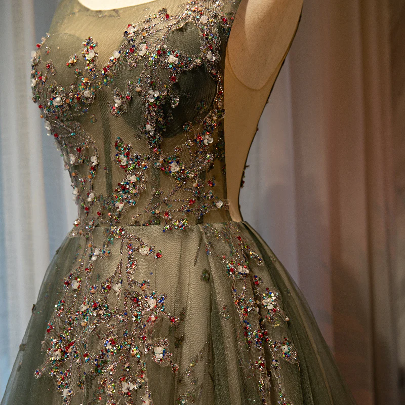 Belle robe de bal en tulle avec appliques vert clair à encolure ronde, robe longue noire basse de soirée gh92