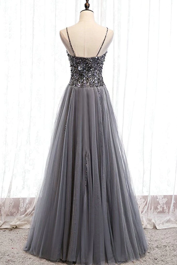 Belles robes de bal en tulle perlé gris, robe de soirée à bretelles gh194