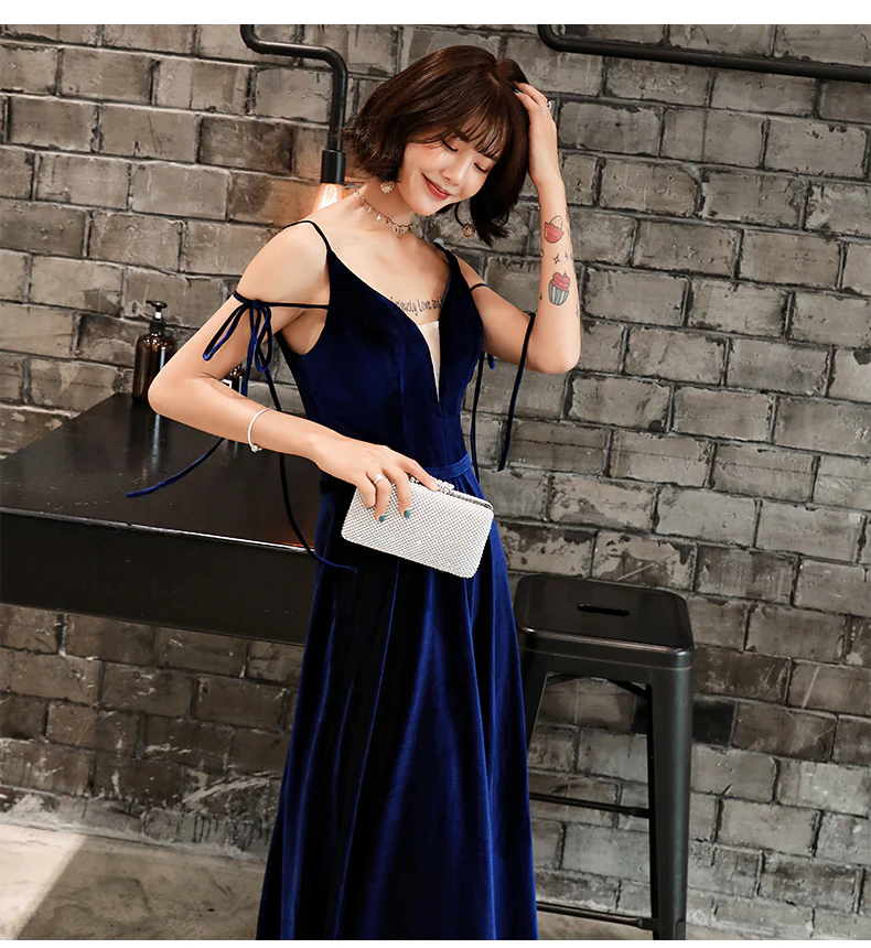 Belle robe de soirée en velours, robe de bal longue à bretelles gh312