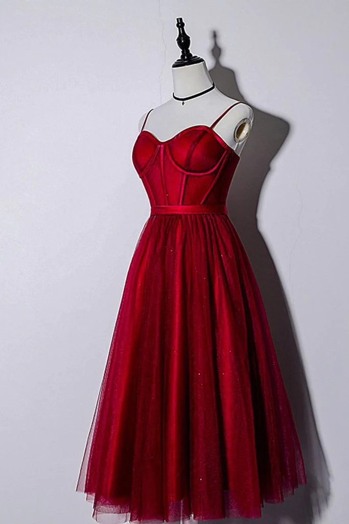 Belle robe de soirée de mariage rouge foncé à bretelles longueur thé, robe de retour à la maison gh296