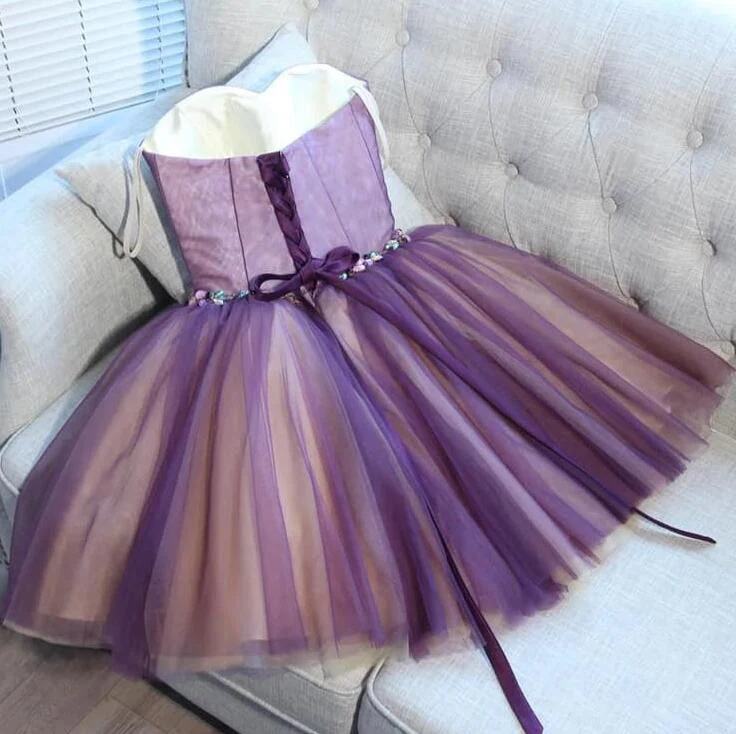 Nette lila Schatz-Tüll-hübsche Heimkehr-Kleider, kurzes Abschlussball-Kleid gh410