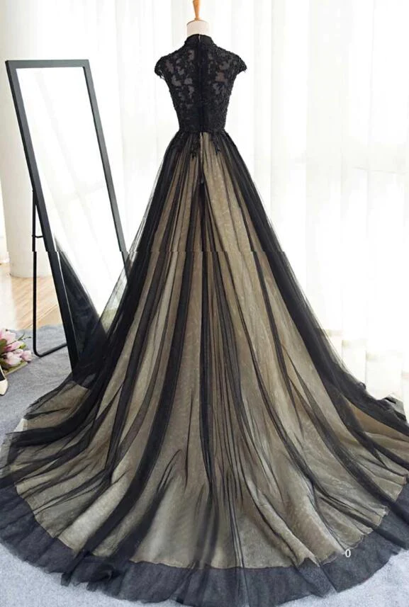 Belles robes de bal noires à col haut et traîne à balayage, robe de soirée noire gh437
