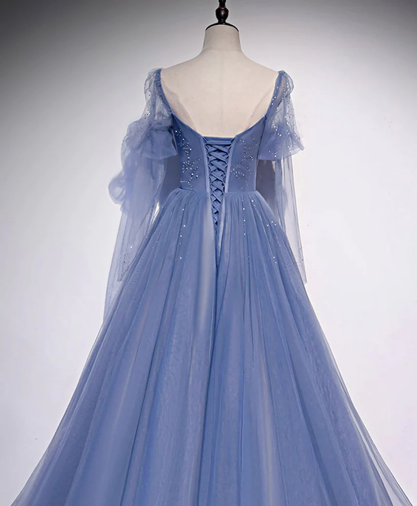 Blue Tulle Beaded Sweetheart Unique Long Prom Dress, Blue Evening Dress Formal Dress gh103