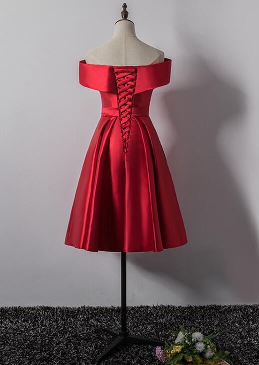 Süßes rotes schulterfreies Heimkehrkleid aus Satin, Rotes Heimkehrkleid gh449