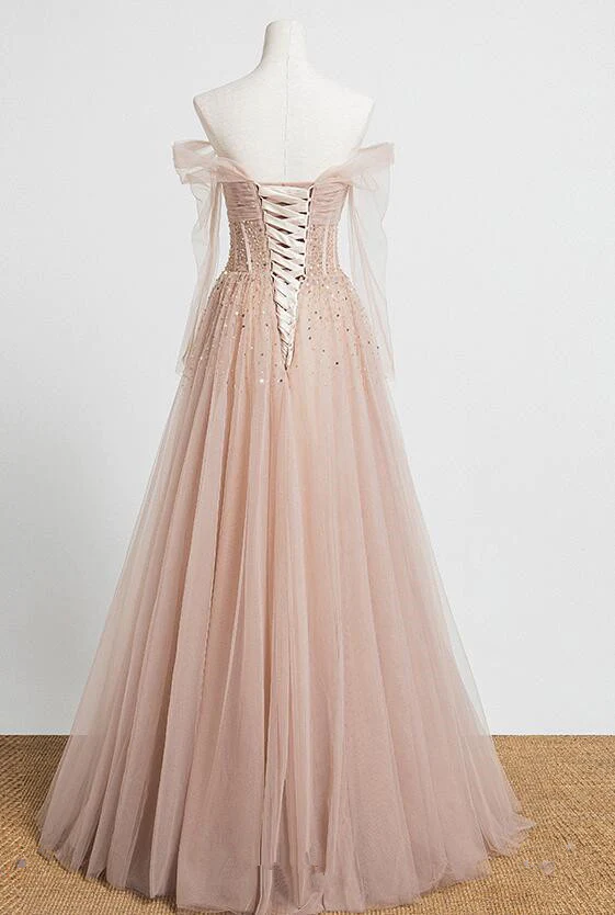 Pearl Pink Off Shoulder Long Sleeves Sequins Prom Dress, A-Line Party Dress Formal Dress gh228