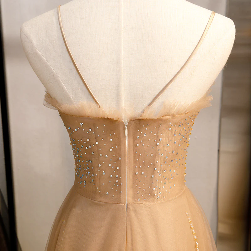 Champagne Sequins Tulle Straps Long Evening Dress Party Dress, Sweetheart Prom Dress gh25