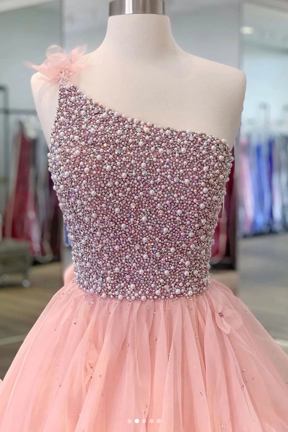 Superbes robes de bal longues roses à une épaule perlées, robes de soirée formelles roses moelleuses, robe de bal perlée gh920