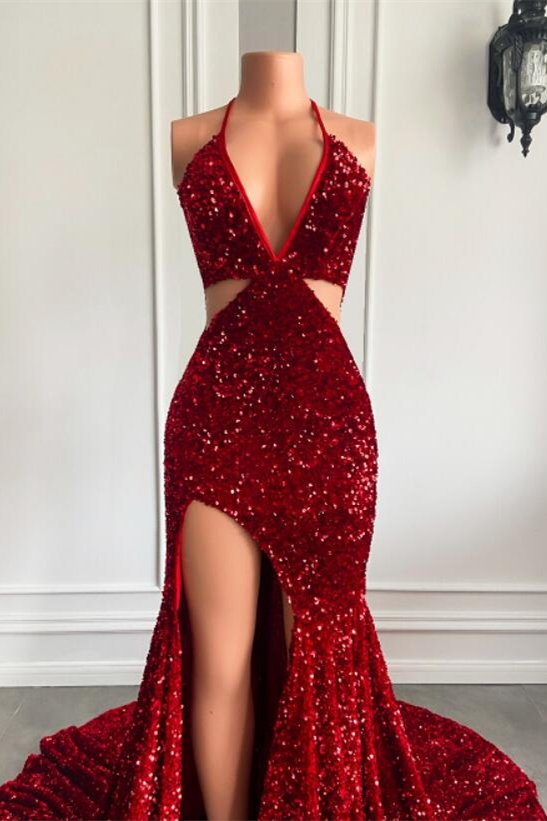 Burgunderrotes rückenfreies, mit Pailletten besetztes Meerjungfrau-Ballkleid mit Schlitz, Abendkleid, Partykleid gh791