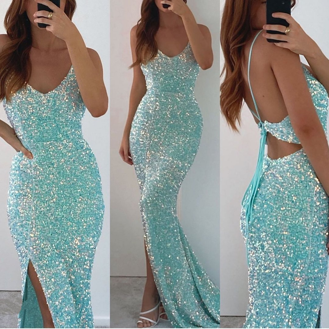 Spaghetti-Straps V-Neck Long Mermaid Prom Dress Split With Sequins gh770
