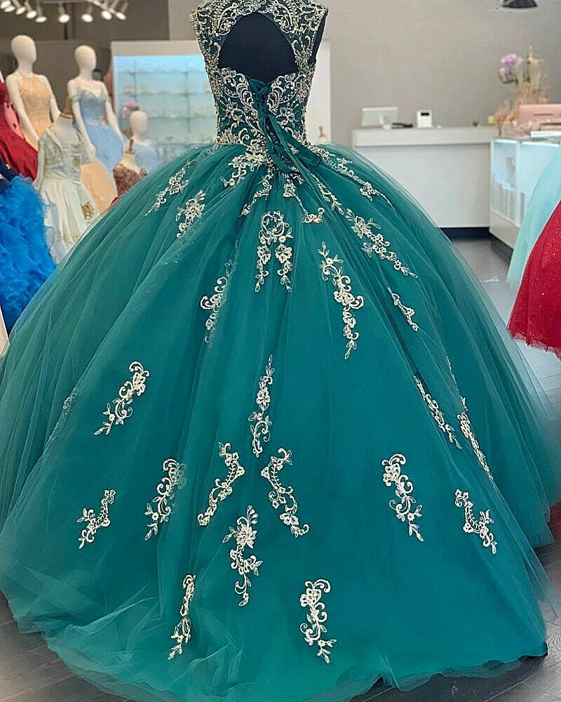 Grüne Schatz-Quinceanera-Kleid-wulstige Applikationen Tüll-Bonbon-16-Ballkleid gh949