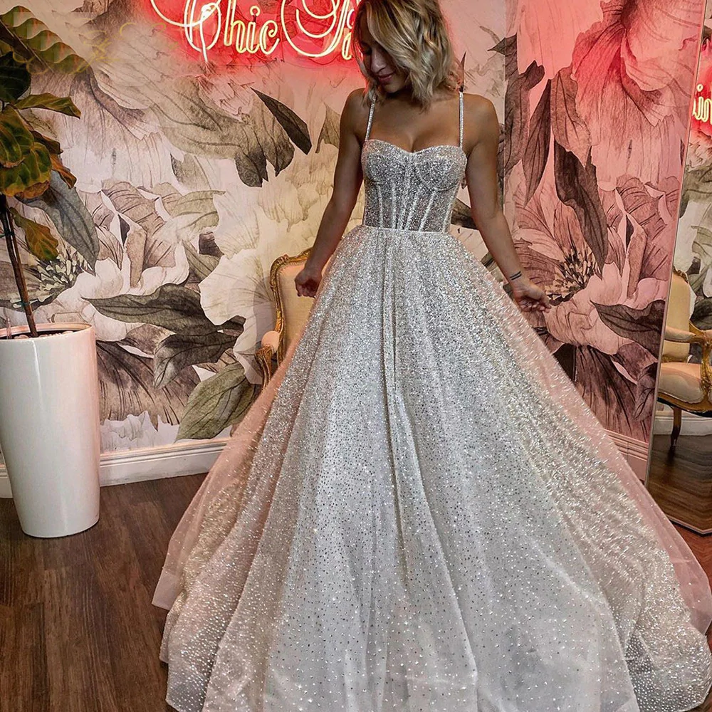 Glitter Wedding Dress A Line Shiny Tulle Straps Beaded Long Tail Bride Gowns gh934