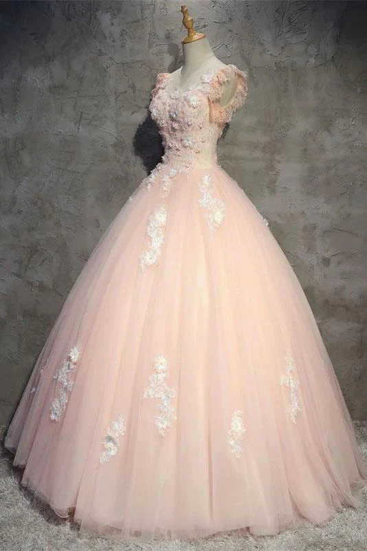 Pfirsichfarbenes, langes Ballkleid aus Tüll mit Blumen, Prinzessinnen-Ballkleid mit durchsichtigem Ausschnitt, Partykleid gh990