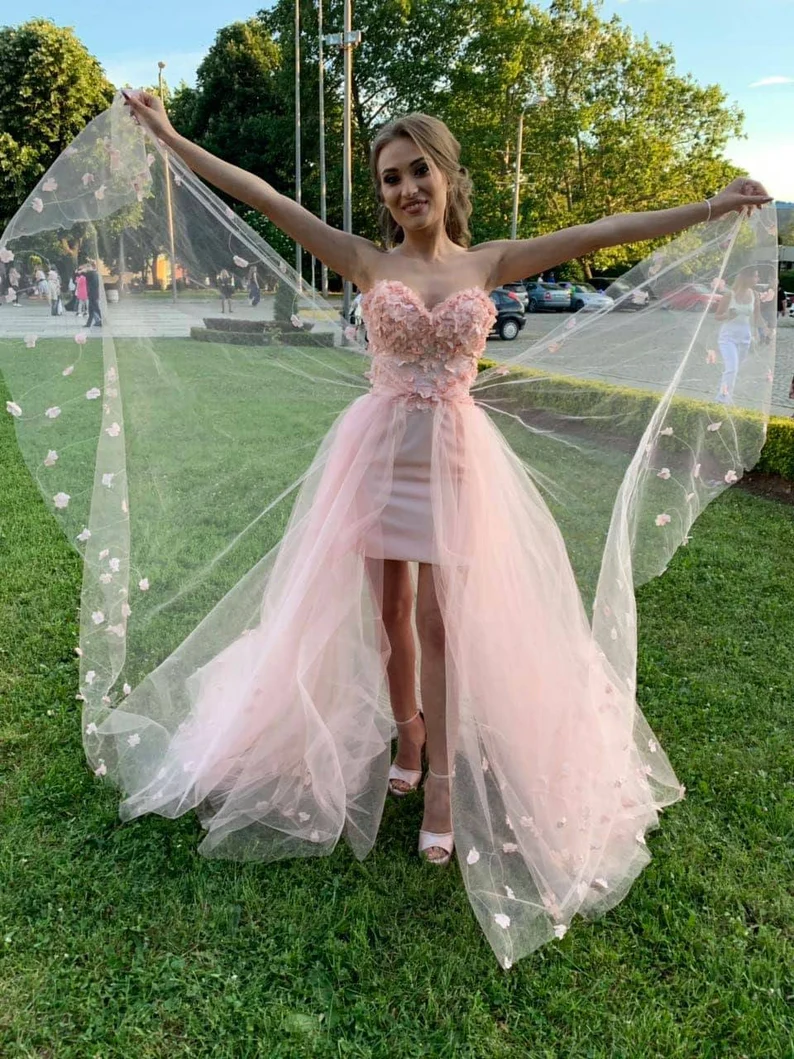 Robe de soirée longue en tulle à fleurs roses sans manches avec corset gh995