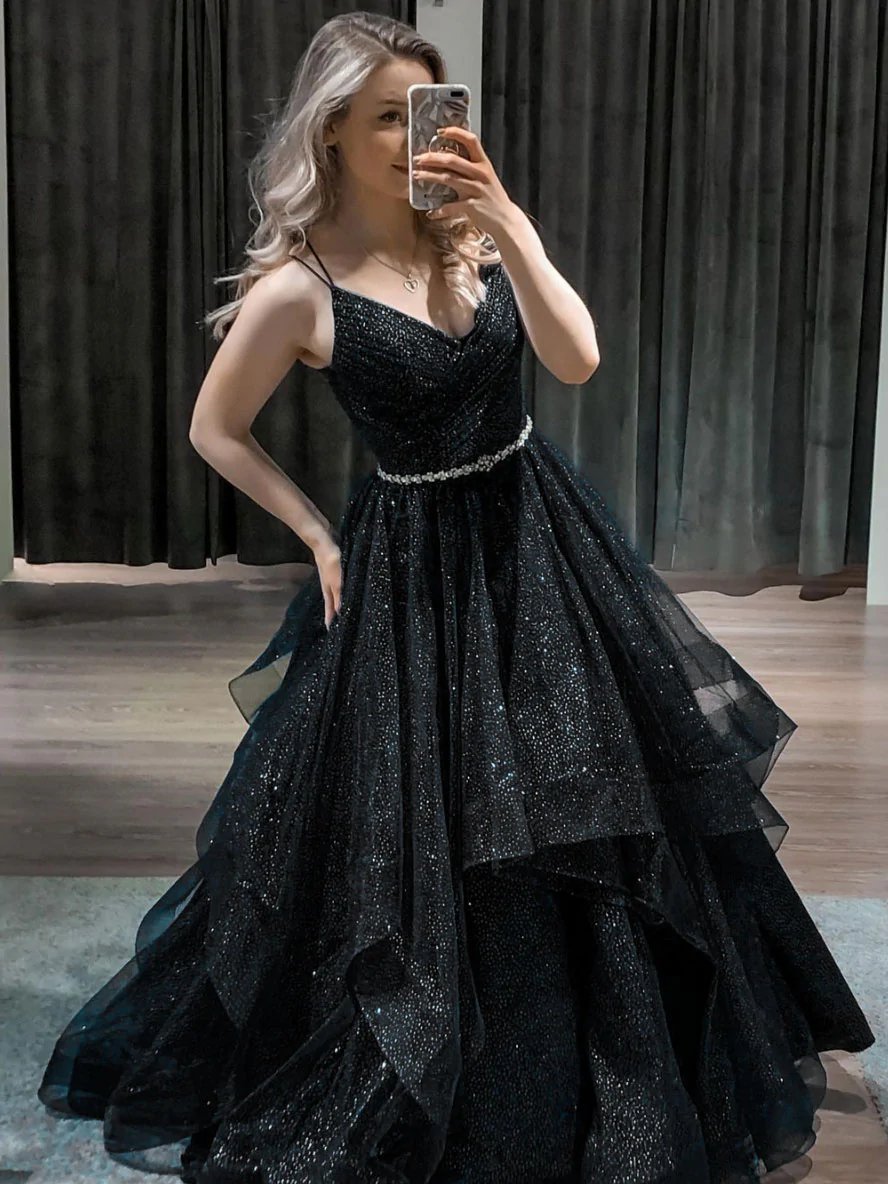 Langes Ballkleid aus Tüll mit V-Ausschnitt und Pailletten Blaues formelles Kleid gh913