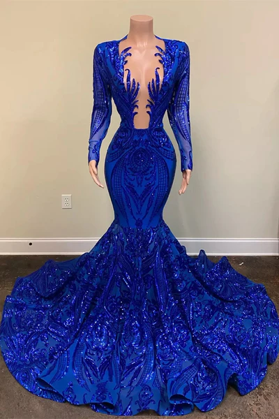 Long Sleeves Sequined Prom Dresses Mermaid Royal Blue for Black Girls Celebrity Sexy African Formal Evening Gowns gh1793