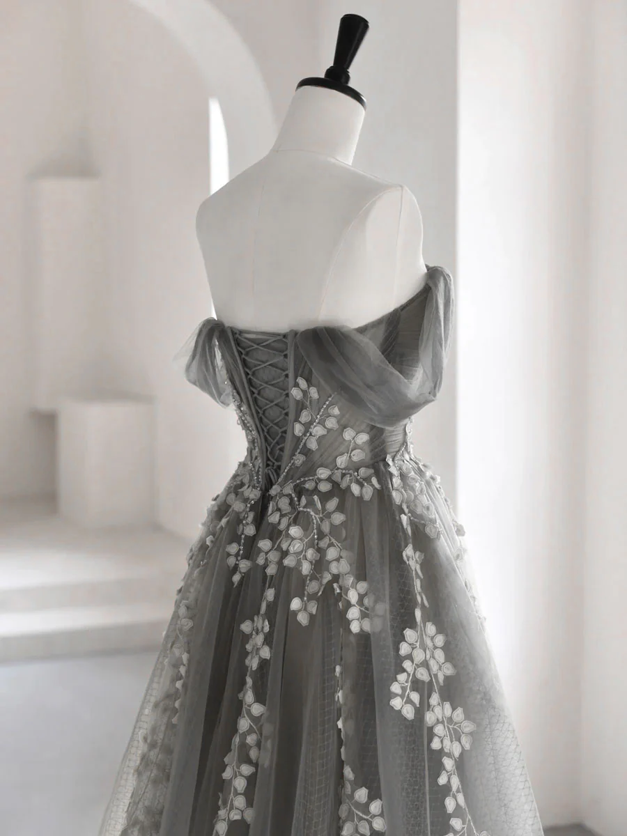 Gray Sweetheart Neck A line Lace Long Prom Dress, Gray Formal Dress gh2577