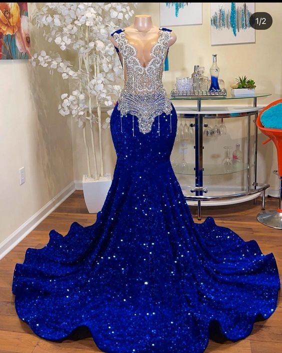 Robe de bal à paillettes, longue robe à paillettes bleue gh2114