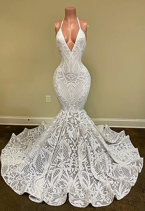 robes de bal en dentelle scintillante blanche longue sirène licou luxe sexy élégante robes de soirée formelles gh2407