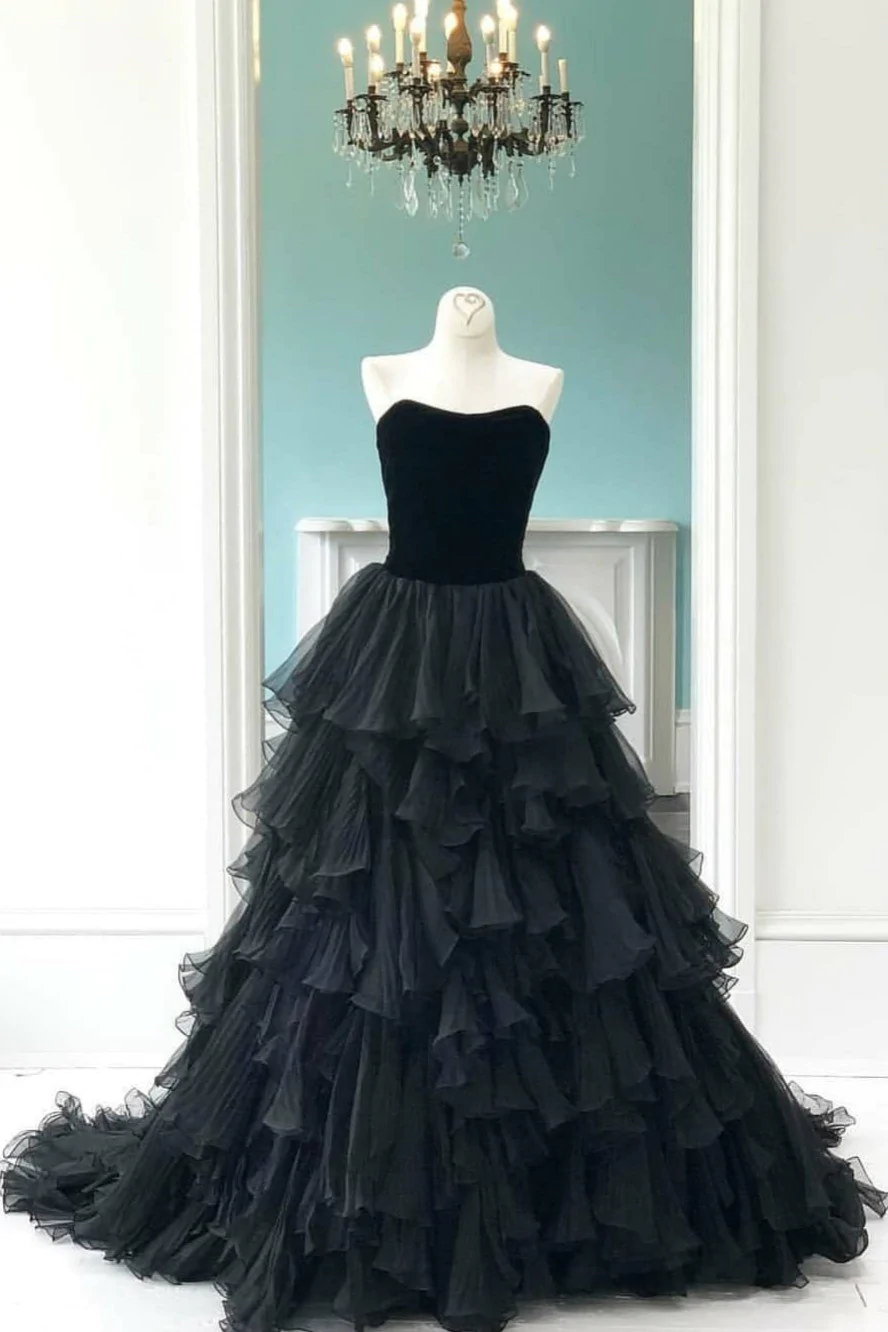 Robe de bal noire sans bretelles en velours avec jupe plissée à plusieurs niveaux, robe de bal gh2342