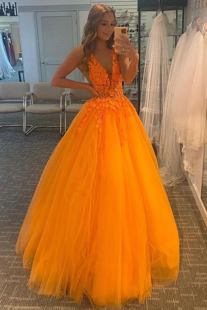Charming Orange Lace A Line V Neck Open Back Long Prom Dresses,Orange Lace Formal Dresses gh2241