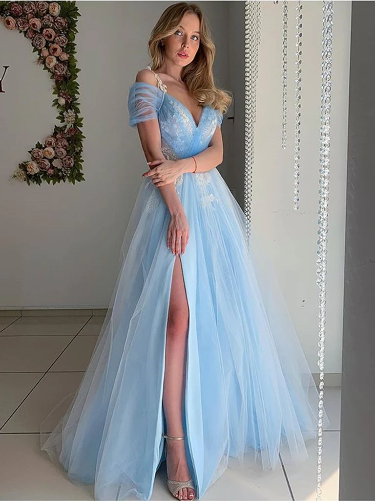 Elegant Off Shoulder Light Blue Tulle Long Prom Dresses, Off the Shoulder Light Blue Formal Evening Dresses gh2212