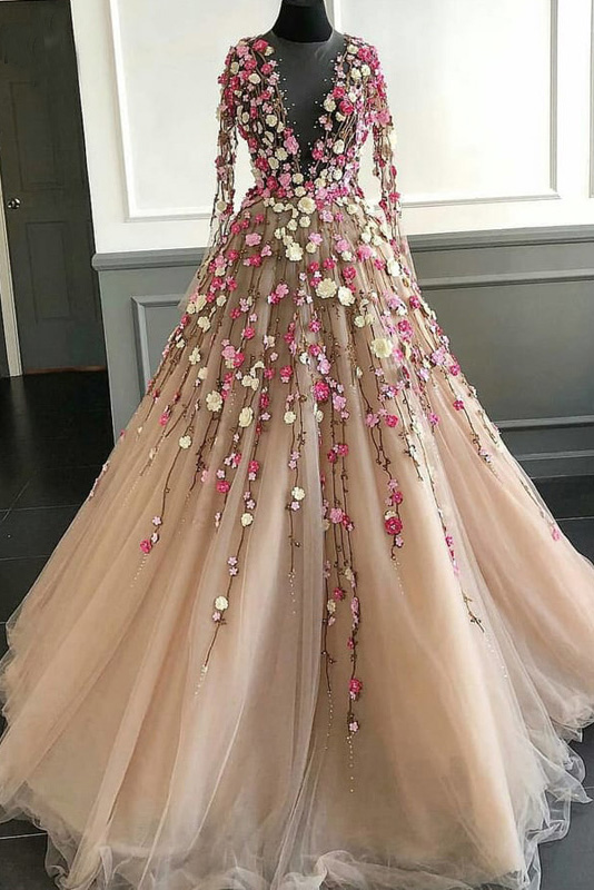 Puffy Long Sleeves Tulle Prom Dress with Lace Flowers, Long Party Dress with Beautiful Flowers gh2280