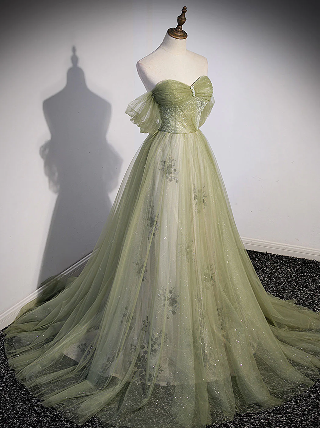 Aline Grünes langes Ballkleid, Grünes formelles Tüll-Abendkleid gh2572