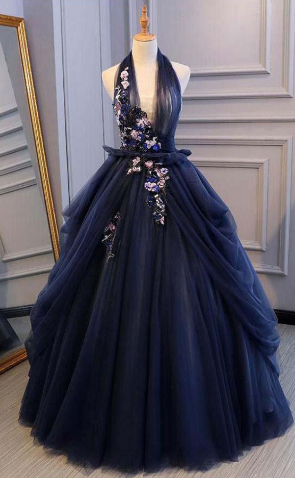 Duchesse-Linie Blau Tüll Spitze Lange Ballkleider Tiefer V-Ausschnitt Rückenfreie Abendkleider gh2224