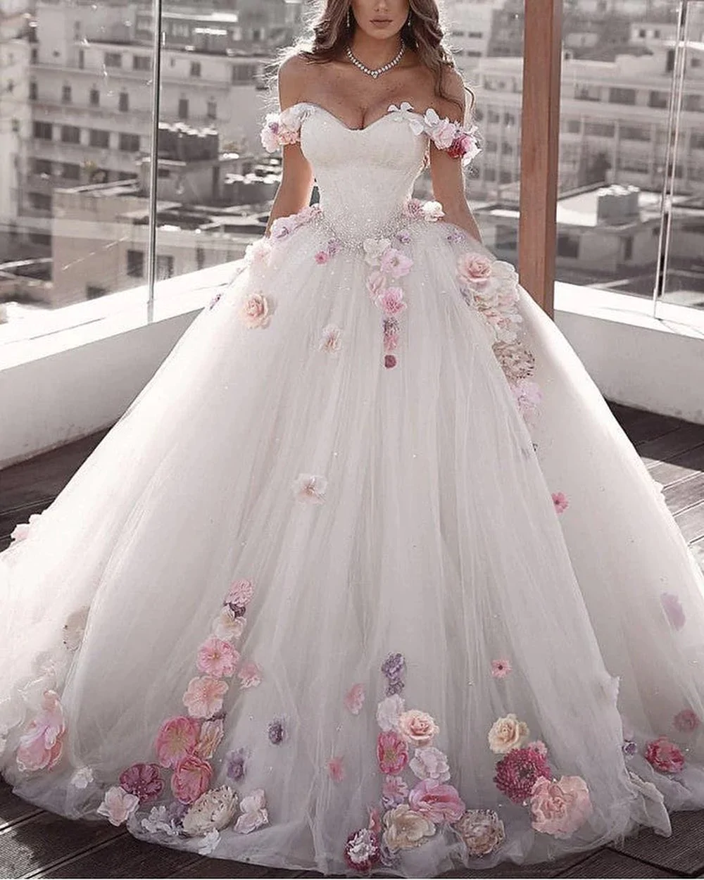 Schulterfrei Tüll Ballkleid Brautkleider Blumen Blumen Perlen gh2191
