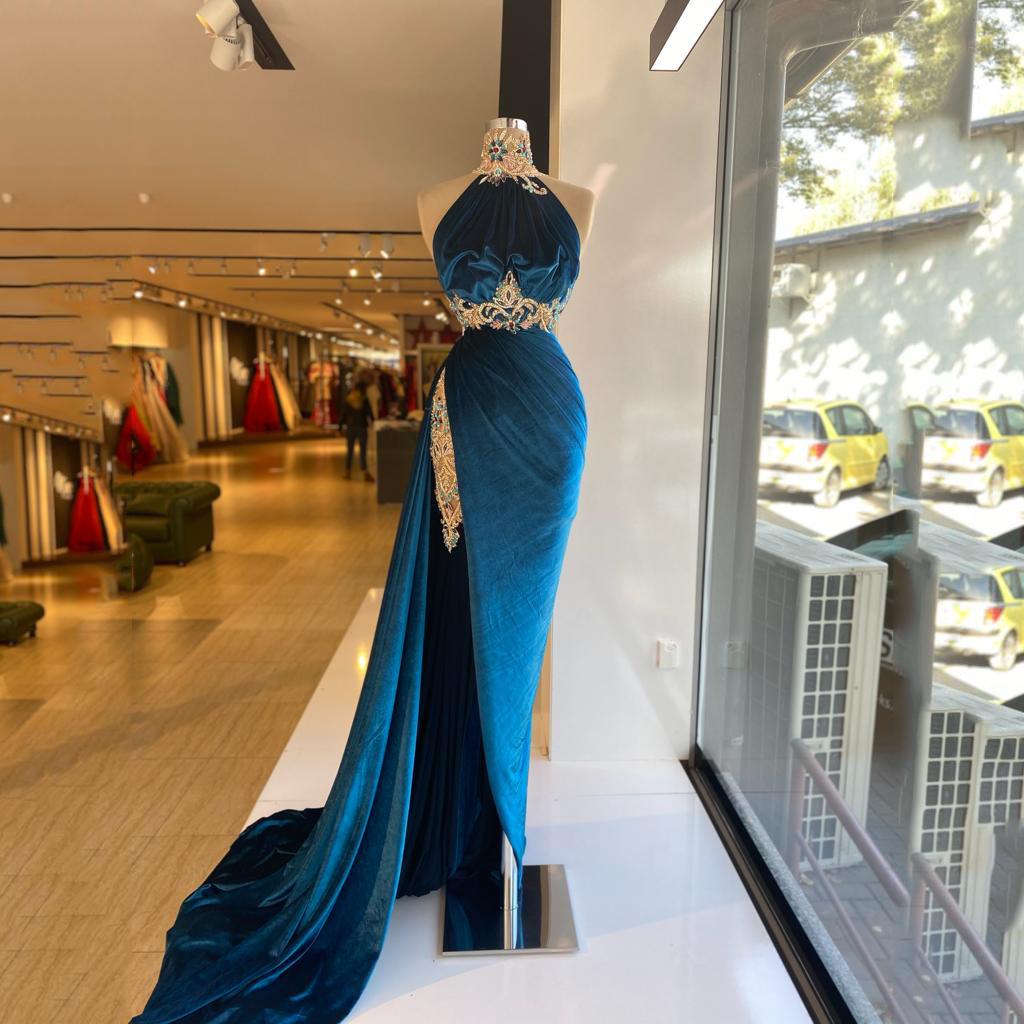 Velvet Halter Neck Mermaid Evening Dress Soft High Division Beads Prom Dresses Women's Party Dresses gh2184