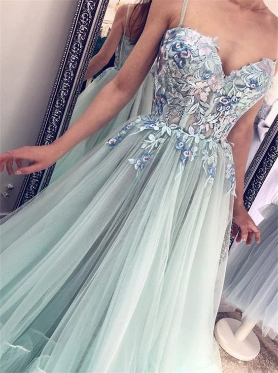 Green tulle lace long prom dress evening dress gh2210