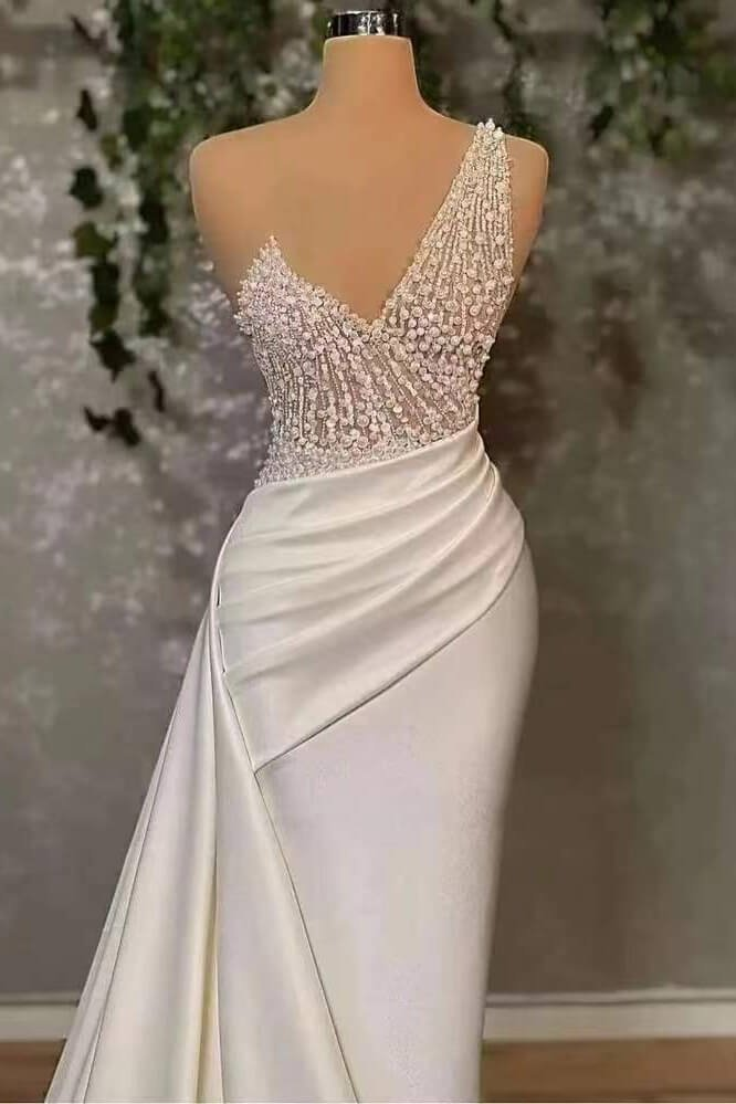 Elfenbein One-Shoulder-Applikation Elegantes Abendkleid Meerjungfrau mit Rüschen gh2057