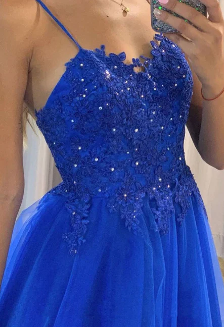 Robe de soirée longue en tulle bleu avec dentelle et perles scintillantes avec traîne, robe de soirée, robe de soiréegh2252