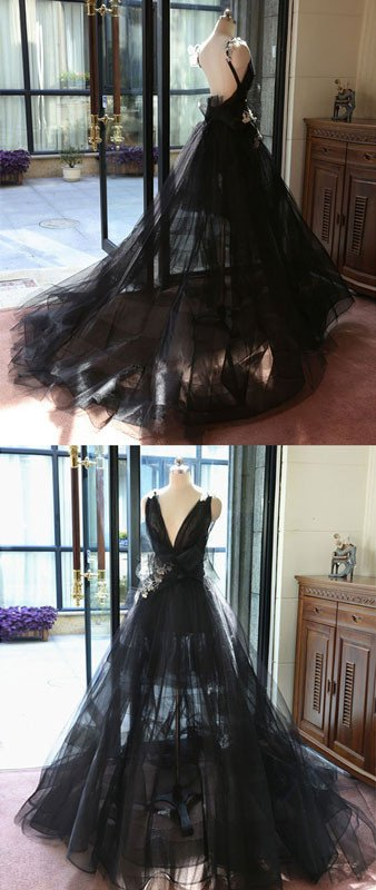 Bezauberndes Ballkleid, schwarzes Tüll-Abendkleid mit tiefem V-Ausschnitt, Ballkleid-Abendkleider, rückenfreie formelle Abendkleider gh2303