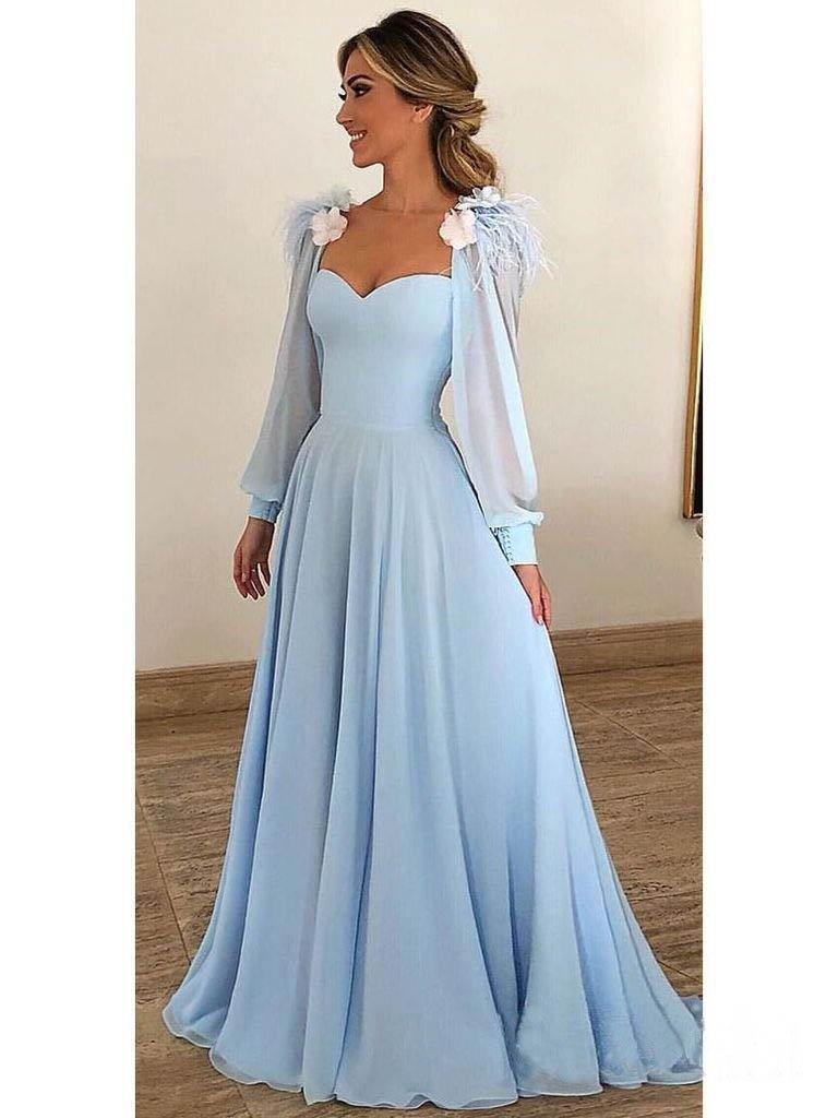 Robe de soirée longue en mousseline de soie bleu ciel avec manches gh2155