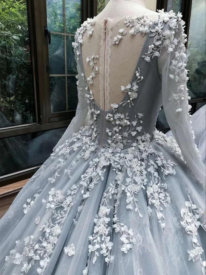 Romantisches hellgraues Langarm-Blumenkleid mit Spitzenapplikationen, Hochzeitskleid, Ballkleid, Abendkleid gh2092