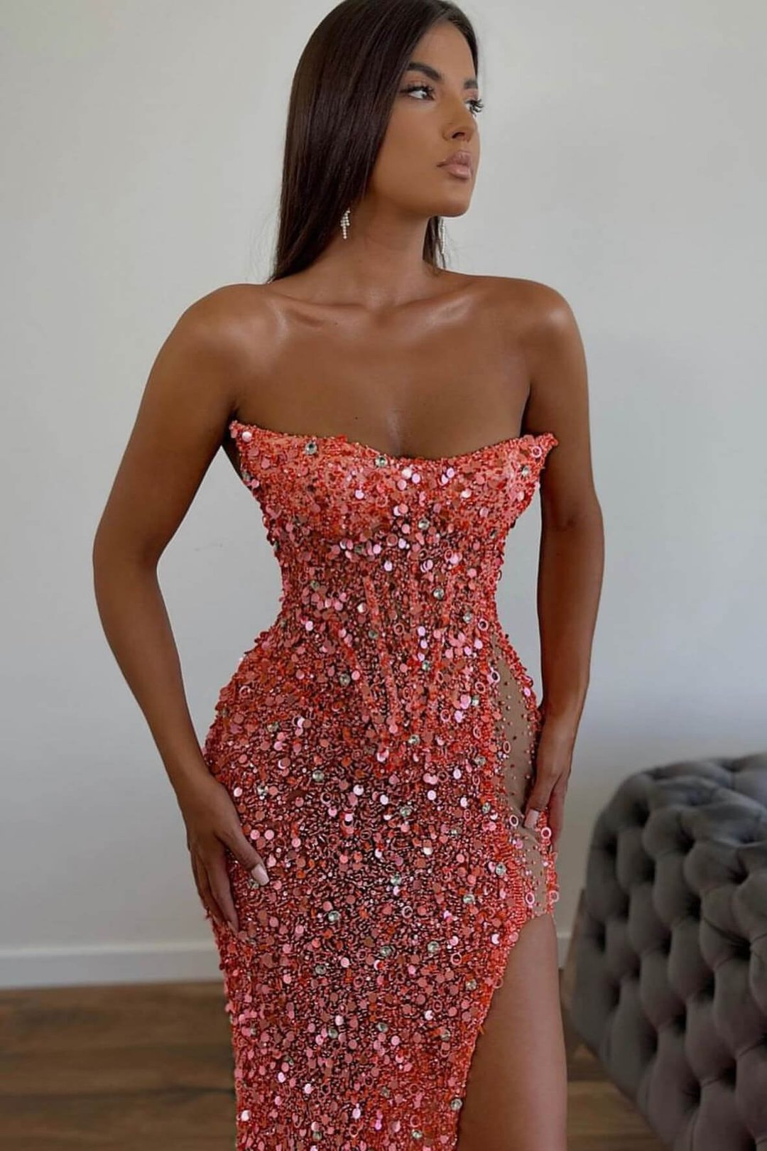 Orange wunderschöne Pailletten Meerjungfrau Schatz Abendkleid Split mit ärmellosen gh2049