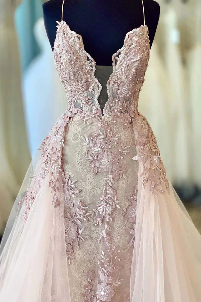 Spaghetti Straps Beads Appliques V Neck Pink Prom Dresses with Detachable Train gh2085