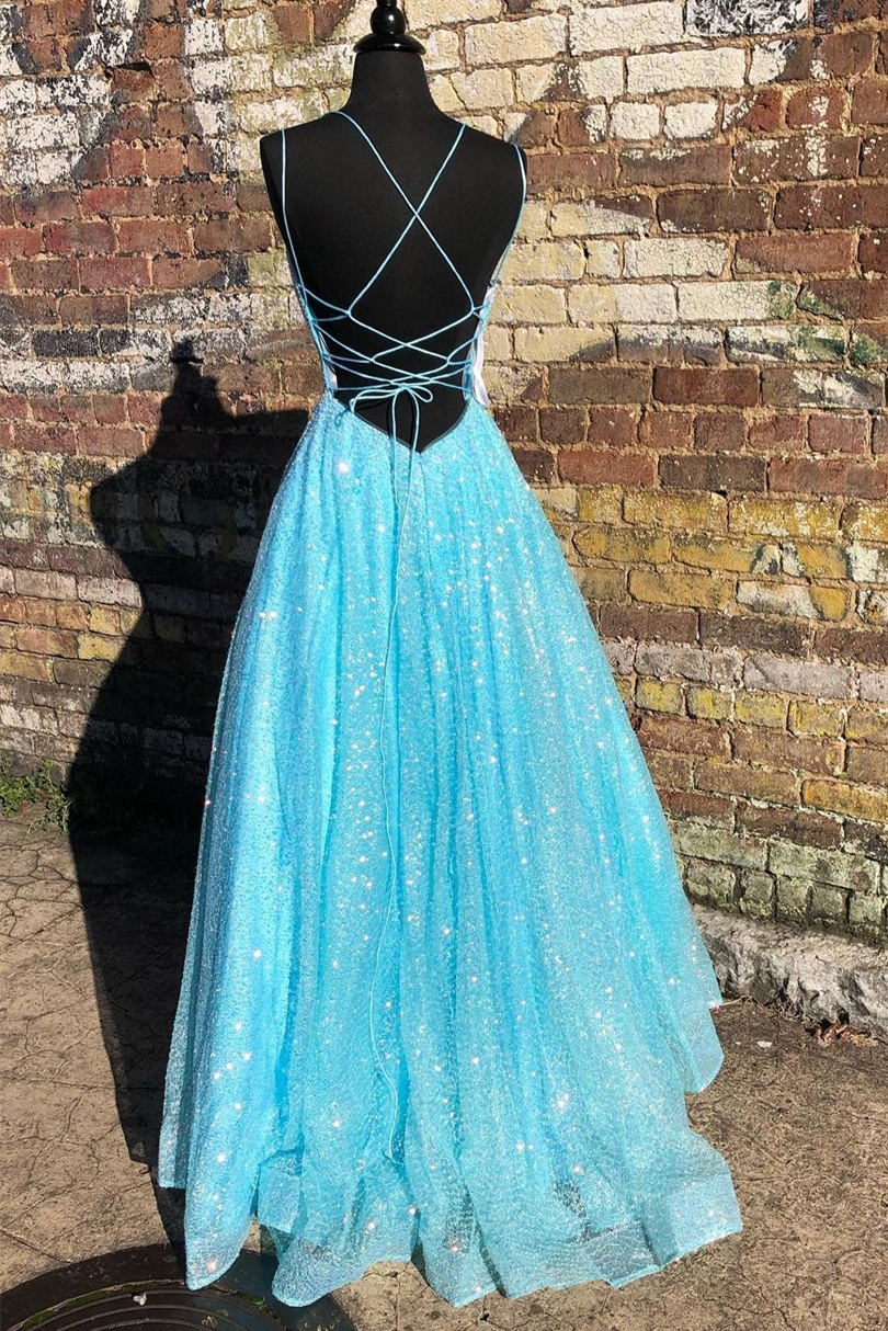 Blue Shiny A-line Long Formal Dress with Lace Up Back gh2161