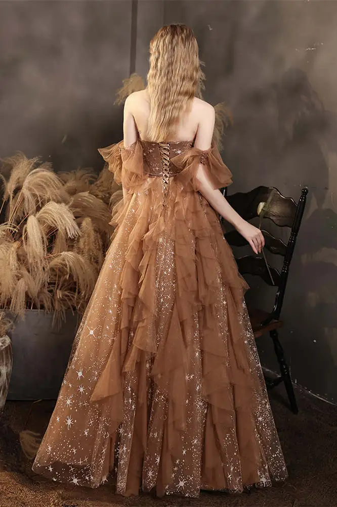 Champagner glänzendes elegantes langes Ballkleid aus Tüll mit mehreren Lagen gh2226